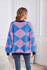 Winter V Neck Geometric Abstract Stitching Contrast Color Knitted Cardigan Casual Loose Jacket Women