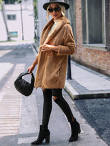 Cardigan Women Clothes Plush Casual Long Buckle Free Solid Color Loose Lapels Coat Women