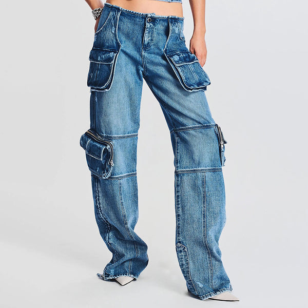 Lässige Damen-Jeans, Herbst-Nähte, große Tasche, gerade, schlankmachende Denim-Hose