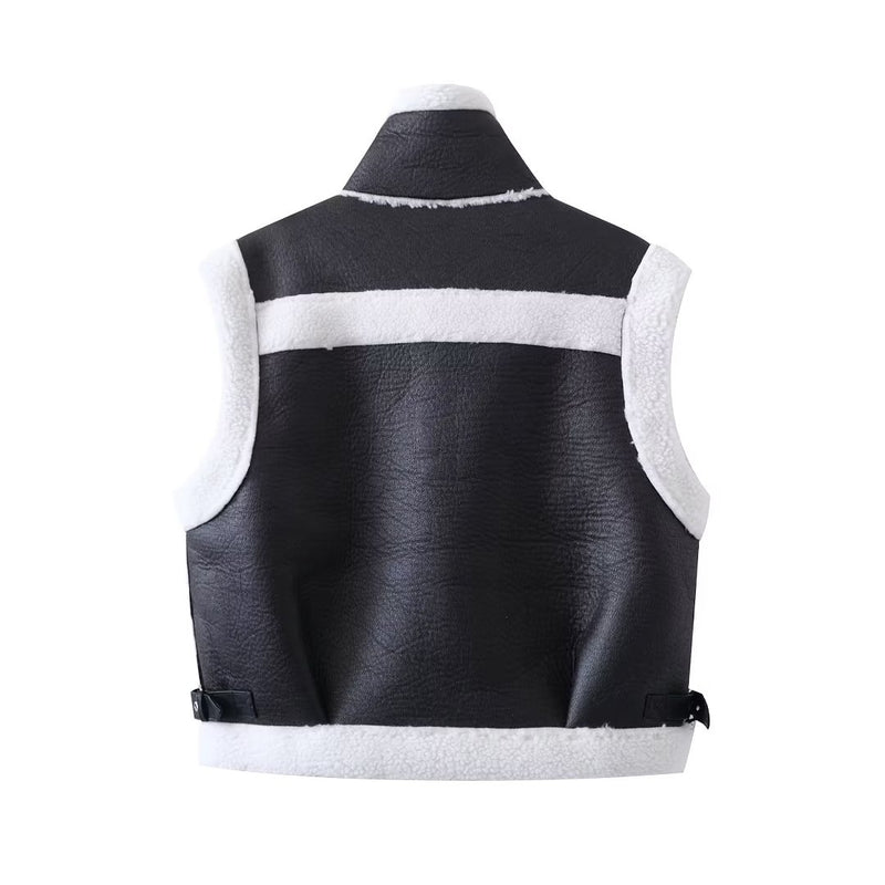 Faux Shearling Jacket Lamb Fur Vest Winter Thick Loose Slimming Waistcoat Lambswool Motorcycle Jacket