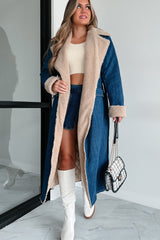 Autumn Winter Elegant Women Coat Lambswool Collared Quilted Cotton Lining Lace up Double Pocket Denim Trench Coat