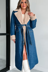 Autumn Winter Elegant Women Coat Lambswool Collared Quilted Cotton Lining Lace up Double Pocket Denim Trench Coat