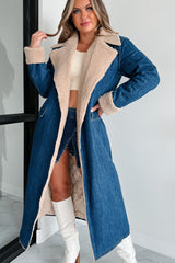 Autumn Winter Elegant Women Coat Lambswool Collared Quilted Cotton Lining Lace up Double Pocket Denim Trench Coat