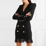 Bright Silk Woolen Tassel Double Breasted V neck Long-Sleeved Slim Fit  Short Dress Coat - Angelique