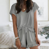 Summer Women Clothing Home Wear Two-Piece V-neck Solid Color Casual Suit