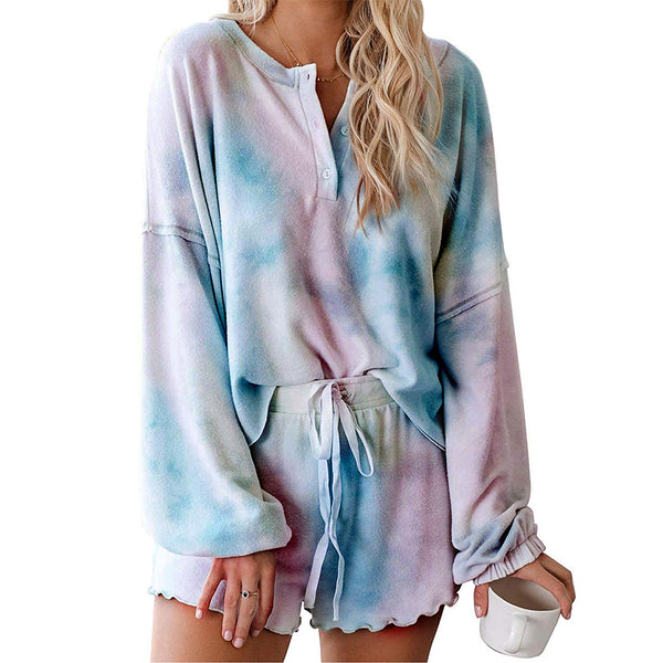 Tie-Dye Printing Casual Sports Sweater Home Half Sleeve Ruffled two piece set Women