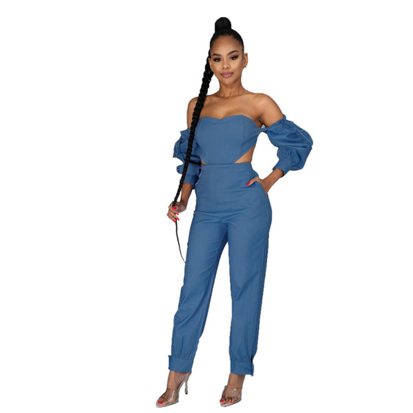 Denim Women Wear off-Shoulder Denim Set