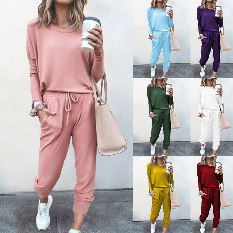 Spot Autumn Winter New Women Clothing   Loose-Fitting Solid Color Long Sleeves Casual Suit