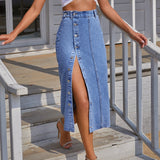 Women Clothing Button Irregular Asymmetric Slit Denim High Waist Long Skirt