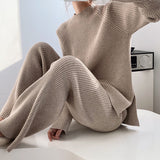 Autumn Winter Fashionable with Side Slit Sweater Suit Thickened Knitting Wide Leg Pants Two Piece Set Female