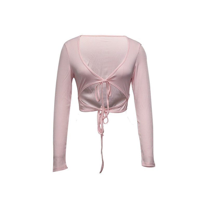 Autumn Winter Women Clothing Low Cut Sexy Drawstring Long-Sleeved Doublet