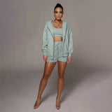 Frühling Herbst Urban Casual Einfarbig Strickjacke Mit Kapuze Shorts Frauen Samt Langarm Sweatshirt Anzug Zwei Stück Set