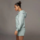 Frühling Herbst Urban Casual Einfarbig Strickjacke Mit Kapuze Shorts Frauen Samt Langarm Sweatshirt Anzug Zwei Stück Set