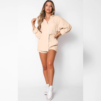 Spring Summer Solid Color Slimming Urban Casual Long Sleeve Shorts Suit Candy Color Suit Women