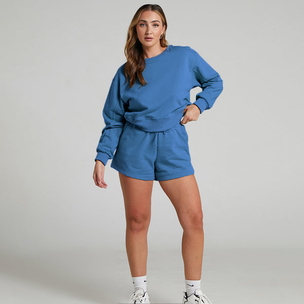 Solid Color Long Sleeve Sweaters Women Clothing Short Two-Piece Casual Shorts Suit