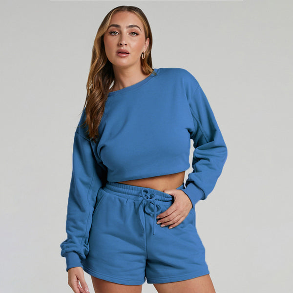 Solid Color Long Sleeve Sweaters Women Clothing Short Two-Piece Casual Shorts Suit