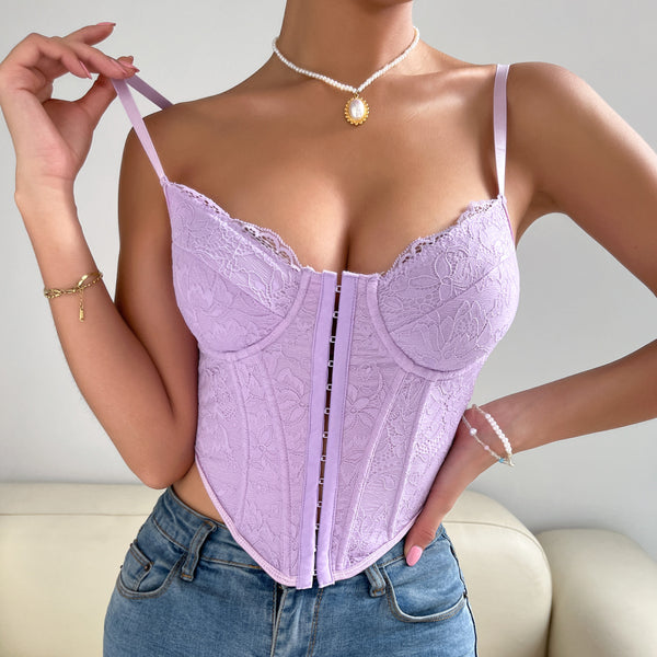 Summer Lace Breasted Rhombus Boning Corset Design Sling Lilac Sexy Vest