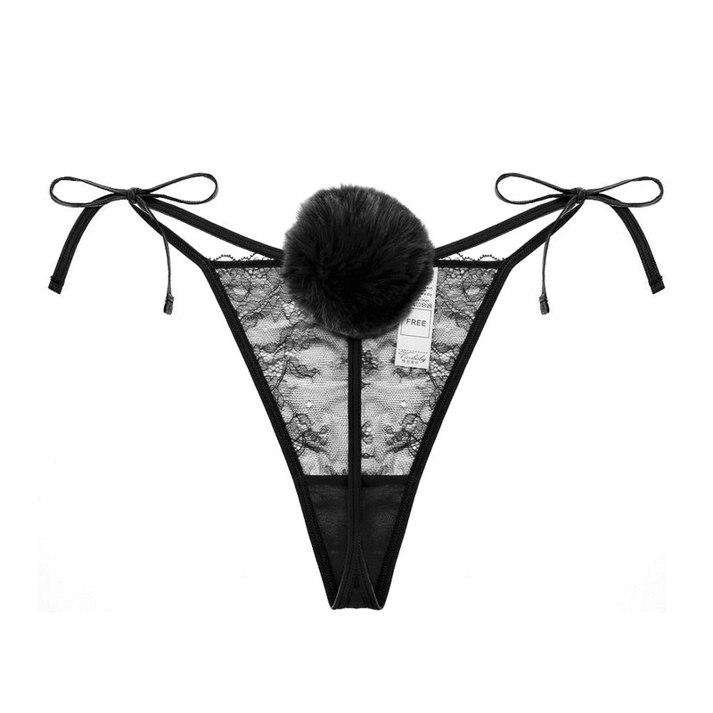 Rabbit Tail T Back Lace Up Ultra Thin Quick Drying Fur Ball Underwear Sexy Seduction Sexy T Back