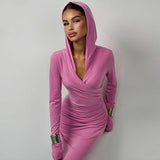 Women Clothing Winter Slim Fit Hood Sports Casual Solid Color Dress