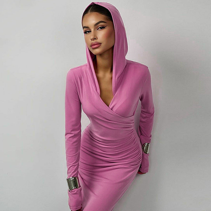 Women Clothing Winter Slim Fit Hood Sports Casual Solid Color Dress