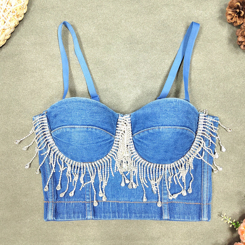 Slim Denim Corset Stitching Rhinestone Tassel Beaded Boning Corset Strap Nightclub Rock Wind Wrapped Chest