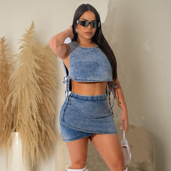 Sommer Herbst Weste Kurzen Rock Stretch Zwei Stück Sexy Denim Frauen Tragen