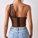 Sexy Sheer Mesh Wrapped Chest Steel Ring Boning Corset Slim Waist Rhombus Vest for Women