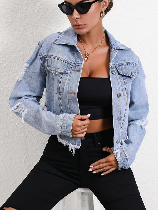 Women Clothing Casual Loose Hole Long Sleeve Short Denim Coat