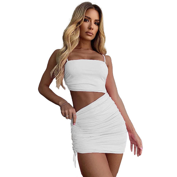 Women  Sexy Suspender Tight Dress Ruched Dignified Hollow Out Cutout Hip Dress