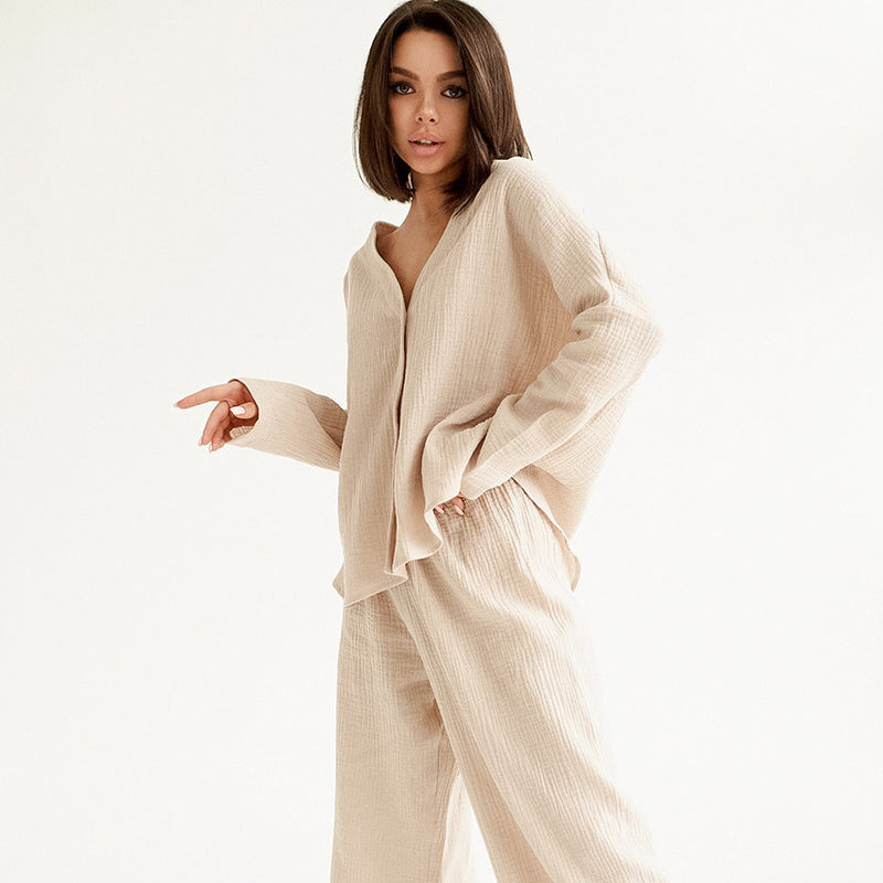 Summer Double Layer Crepe V-neck French Loose Comfortable Long Sleeve Pajamas Women  Cotton Linen Homewear Set - Angelique