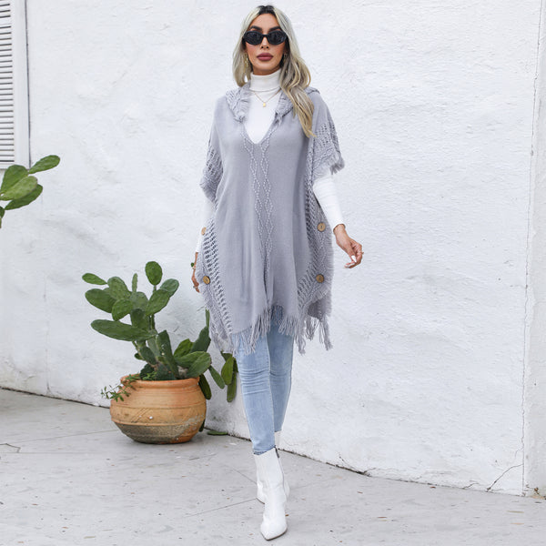 Women Clothing Casual Loose V neck Hooded Pullover Mid-Length Sweater Waistcoat Cloak Jacket