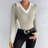 Autumn Women Clothing Pullover Long Sleeved Knitted Top V neck Simplicity Knitted Bottoming Shirt