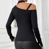 Women Clothing Sexy Halter Off The Shoulder Long Sleeve Knitted Autumn Winter Slim Fit Slimming Bottoming Top