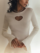 Women Long Sleeved Tight Heart Hollow Out Cutout Knitted Sweater Autumn Winter Solid Color Knitted Top Bottoming Shirt