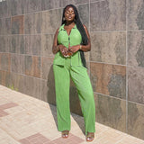 Summer Lightweight Collared Breasted Sleeveless Shirt Top Plus Size Loose Wide Leg Pants Casual Suit