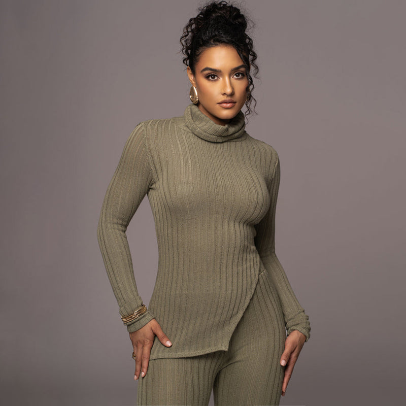 Solid Color Turtleneck Wool Sunken Stripe Casual Set