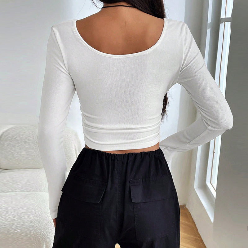 Women Clothing Autumn Winter U Neck Tight Long Sleeved T Shirt All Matching Short Crop Top Bottoming Tops