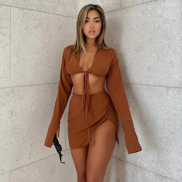 Autumn Winter Women Clothing Long Sleeve Tied Cardigan Sexy Slit Sheath Skirt Casual Suit