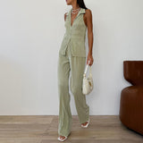 Women  Clothing Summer Casual Solid Color Sleeveless Shirt High Waist Trousers Pleated Suit