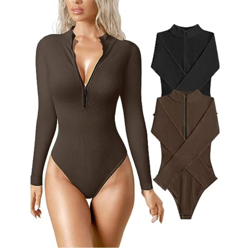 Long Sleeved Jumpsuit Sexy Ribbed One Piece Front Long Sleeve Zipper Top Jumpsuit