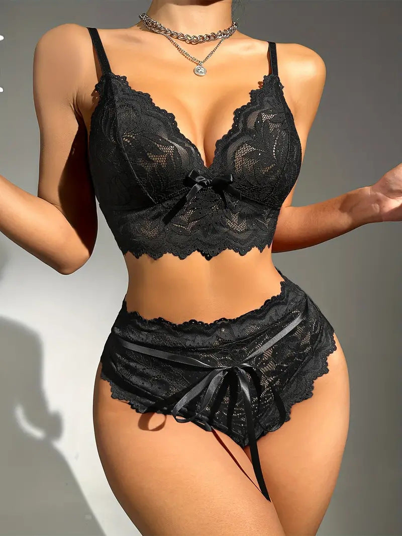 See through Sexy Underwear Mesh Lace Knot Lace Seduction Pajamas Suit