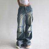 Street-Plissee-Jeans mit niedriger Taille, gewaschen, getragen, einfarbig, gerade Bundfaltentasche, alle passenden Overalls