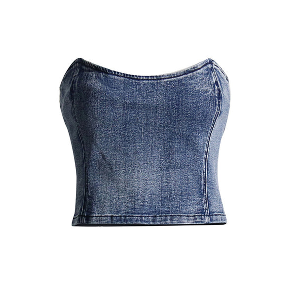 Sexy Short Tube Top for Women High Grade Slim Fit Slimming outside Wear Denim Tube Top for Women