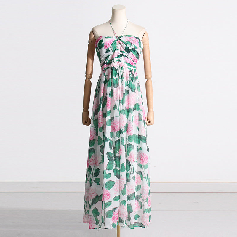 Green Printing Maxi Dress Summer Halter Sleeveless Sexy Maxi Dress for Women - Angelique