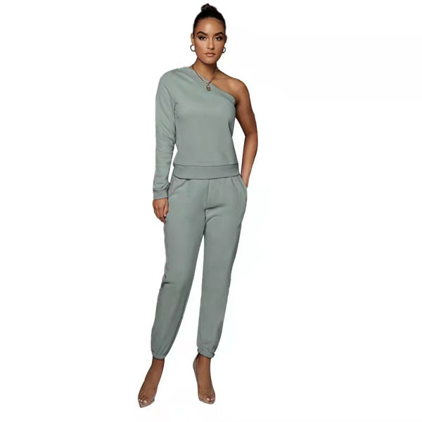 Urban Casual Solid Color Pullover Off-the-Shoulder-Hose Damen Fleece-gefüttertes Slim-Fit-Langarm-Pullover-Set