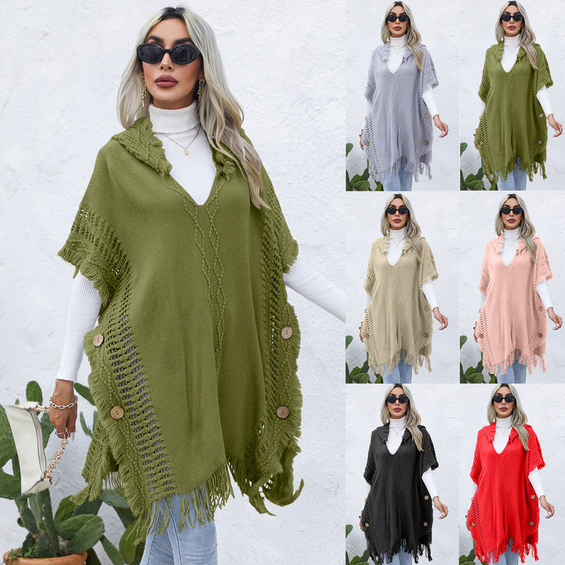 Women Clothing Casual Loose V neck Hooded Pullover Mid-Length Sweater Waistcoat Cloak Jacket