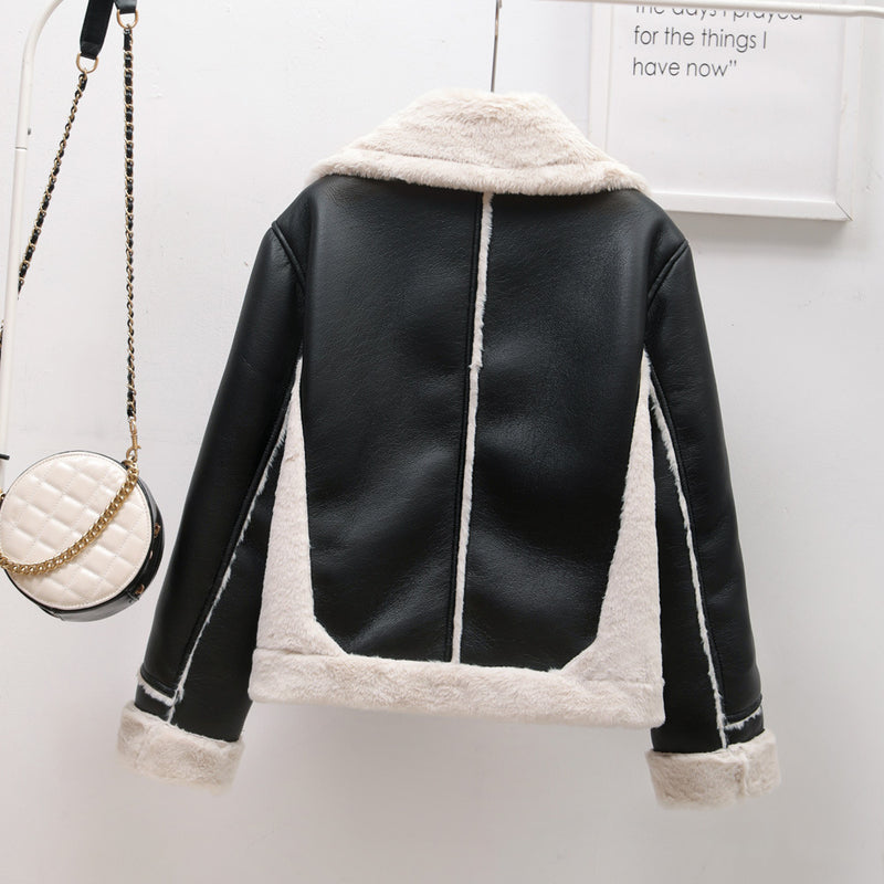 Große Faux Shearling Jacke mit Kragen, lockerer Ledermantel für Damen, einreihiger, warmer Winter-Lederjackenmantel