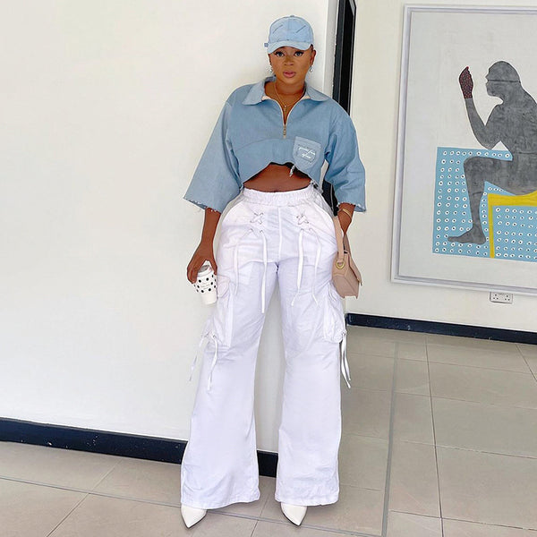 Women Streetwear Eyelet Ribbon Straight Cargo Pants High Waist Elastic Loose Casual Woven Trouser