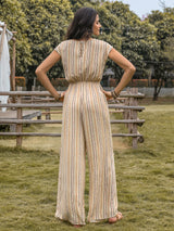 Vertical Stripes Printed V Neck Waist Slimming High Elegant Retro Casual Women Jumpsuit - Angelique