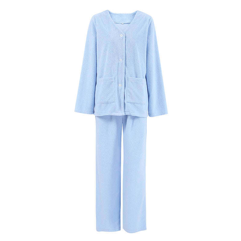 Bequemer, warmer, langärmliger Pyjama aus blauer Wolle, zweiteiliges Set, exklusiv für Damen-Homewear